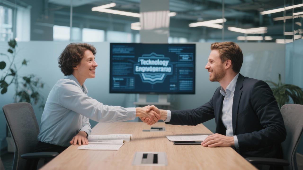 Client and consultant shaking hands across a meeting table after finalizing a technology engagement scope in a modern Amsterdam office setting.