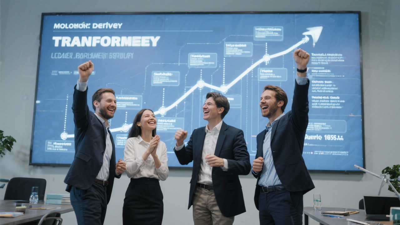 Technology leadership team celebrating successful milestone delivery with transformation roadmap displayed on digital wall.