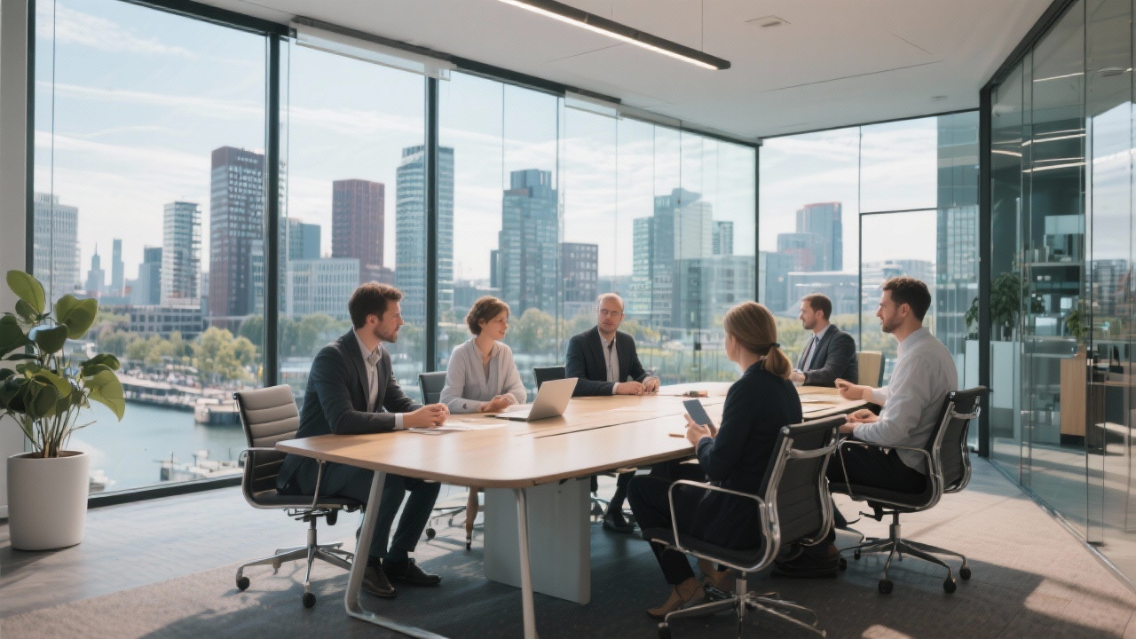 Modern Amsterdam office with glass walls overlooking Zuidas district where technology advisors collaborate around a conference table.