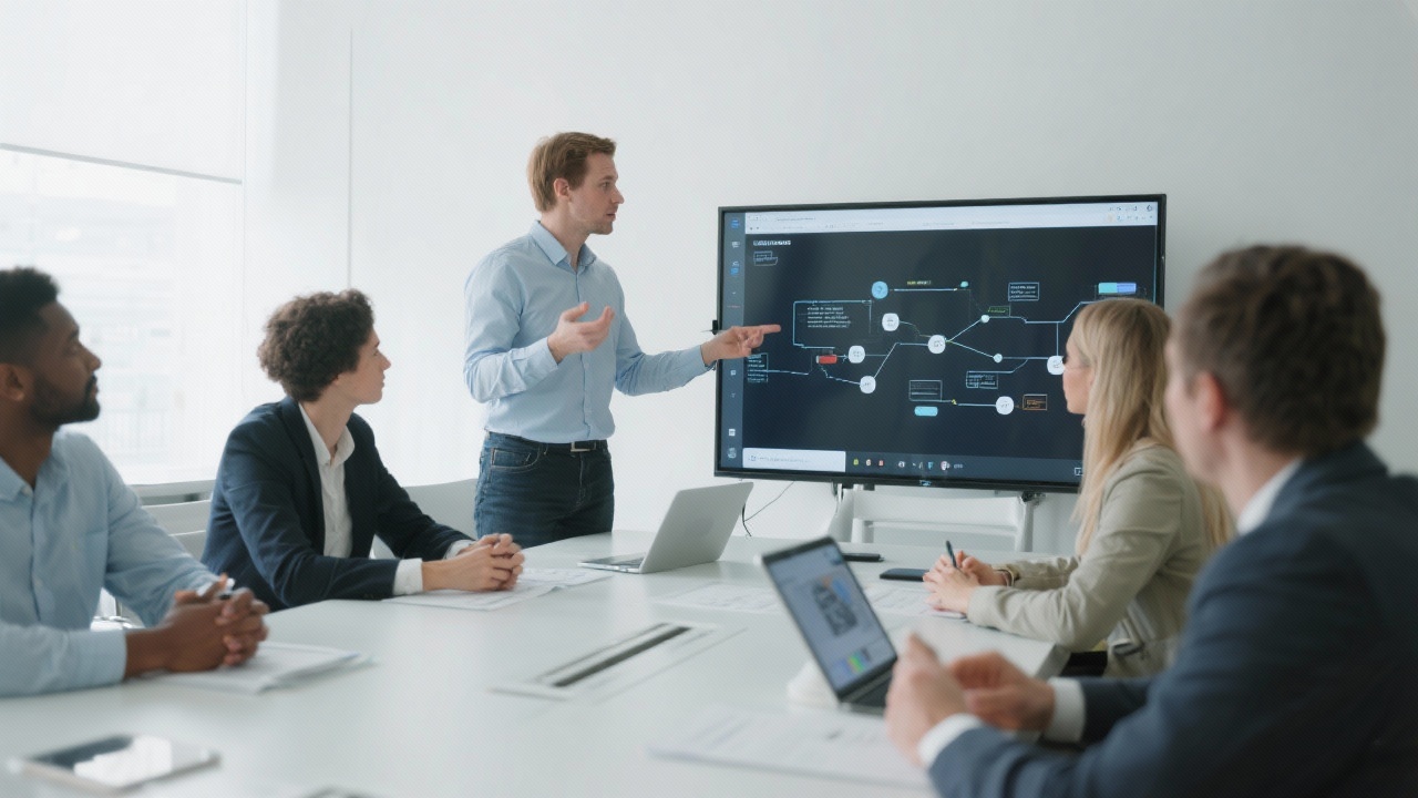 Facilitator guiding client stakeholders through collaborative process mapping using digital collaboration tools in a bright meeting room.
