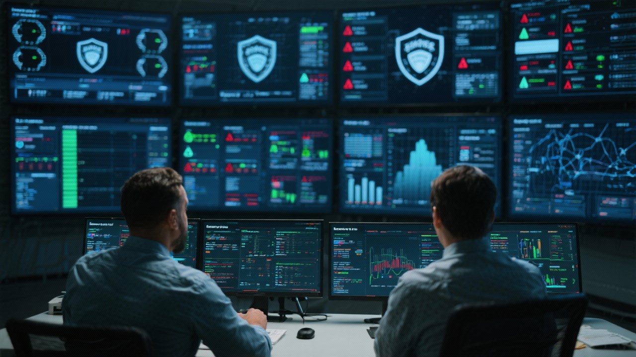 Security operations specialists supervising real-time alerts from a multi-screen command center establishing response priorities for enterprise systems.